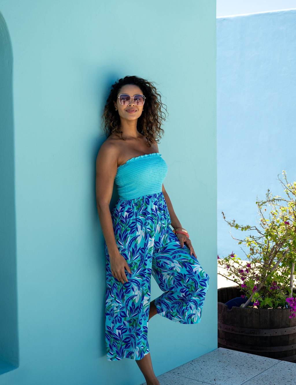 Pour Moi Women's Anna Strapless Shirred Bodice Crop Leg Woven Beach Jumpsuit - 10 - Aqua Mix - Available at M&S