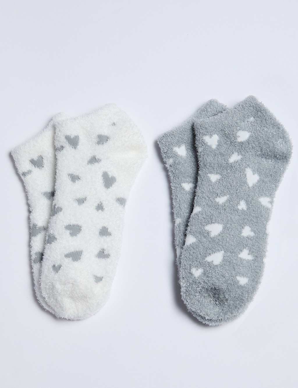 Boux Avenue 2 Pack Cosy Heart Trainer Fluffy Socks Grey Mix