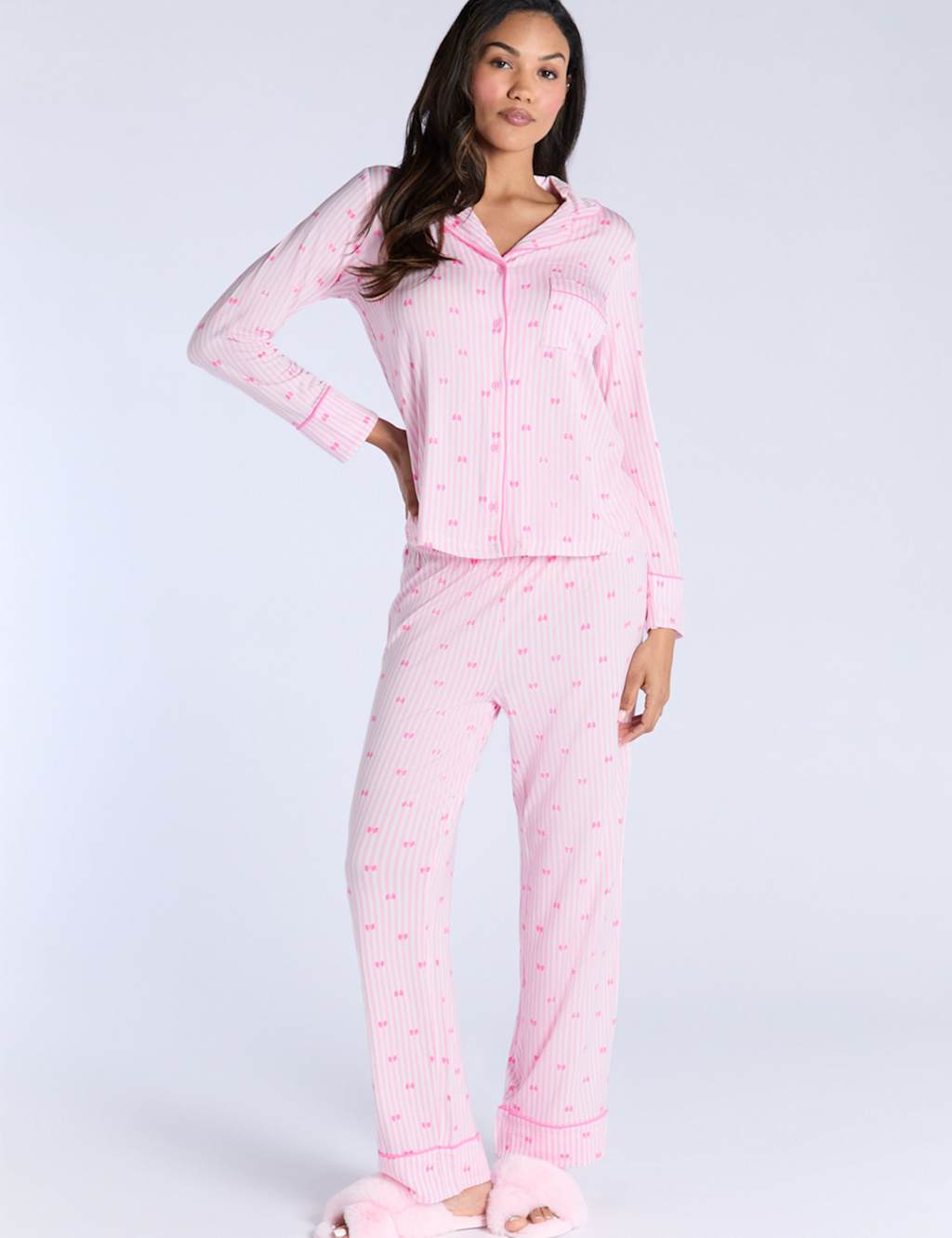 Boux Avenue Bow Striped Pyjama Set Pink Mix