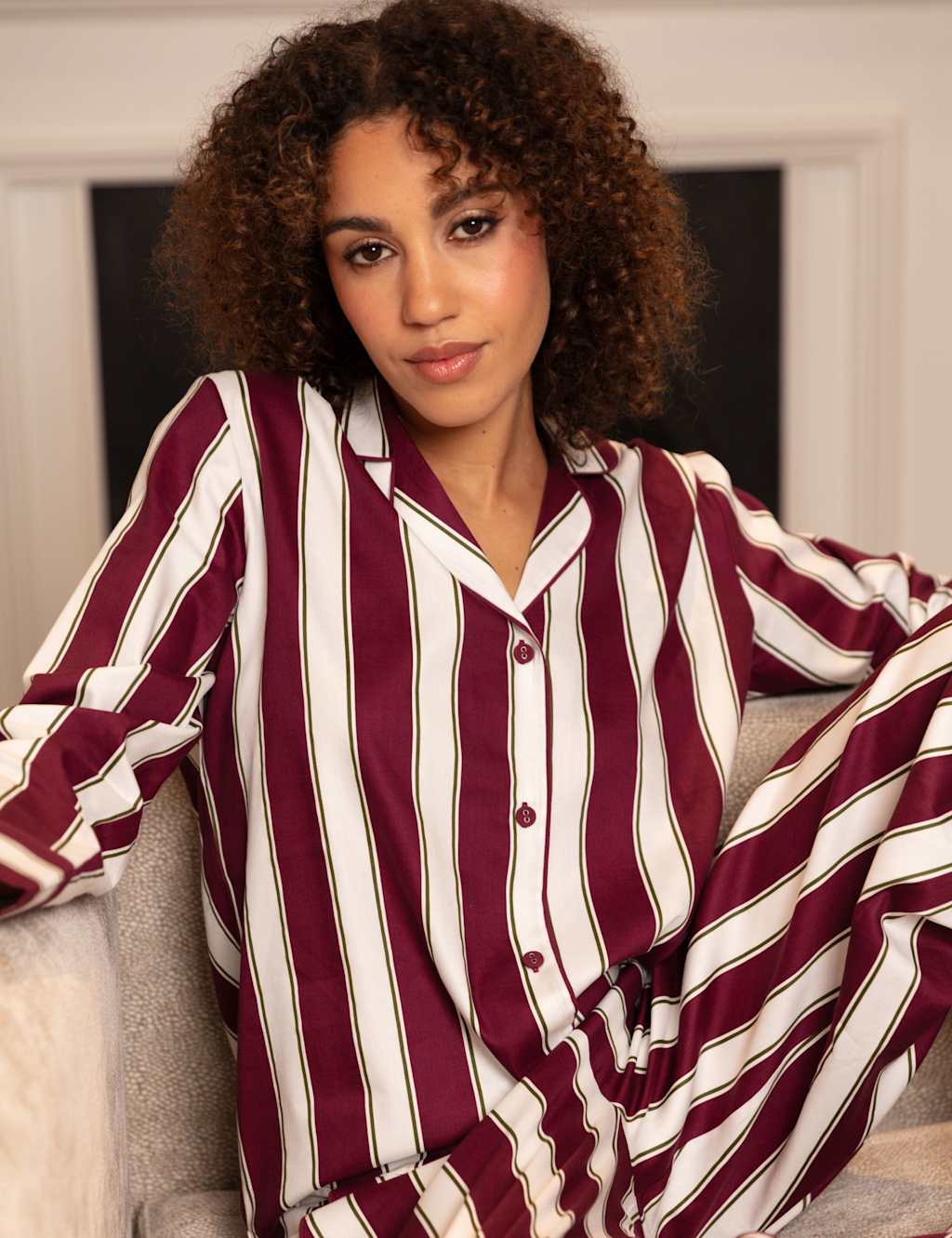 Cyberjammies Cotton Modal Blend Striped Pyjama Top Burgundy Mix