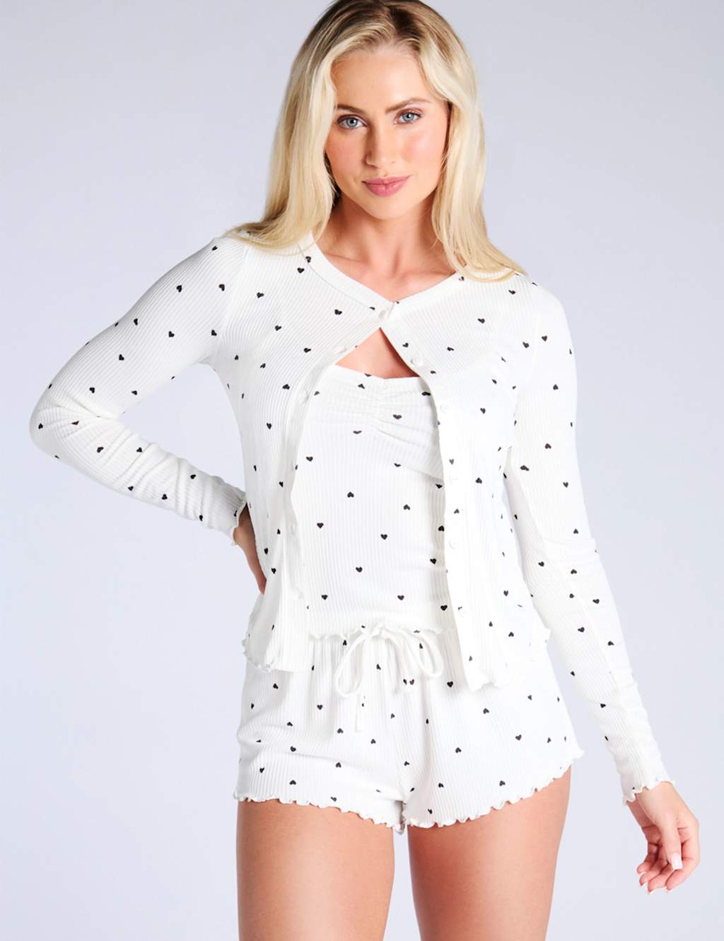 Boux Avenue 3pc Heart Print Pyjama Set Cream