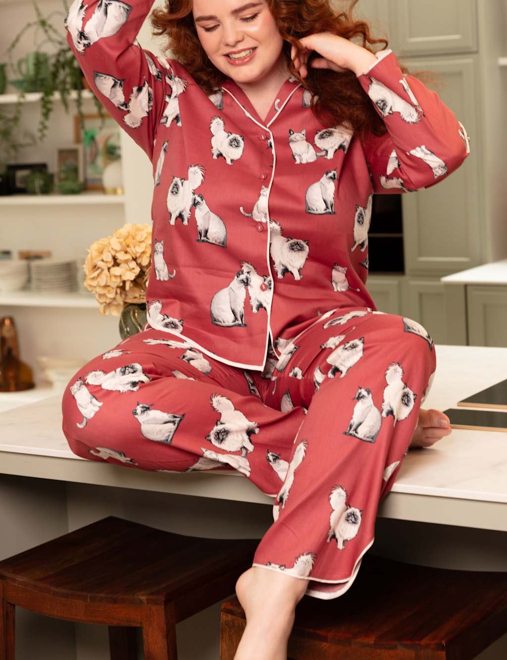 Cyberjammies Women's Cotton Modal Cat Print Pyjama Bottoms - 12 - Red Mix - Available at M&S