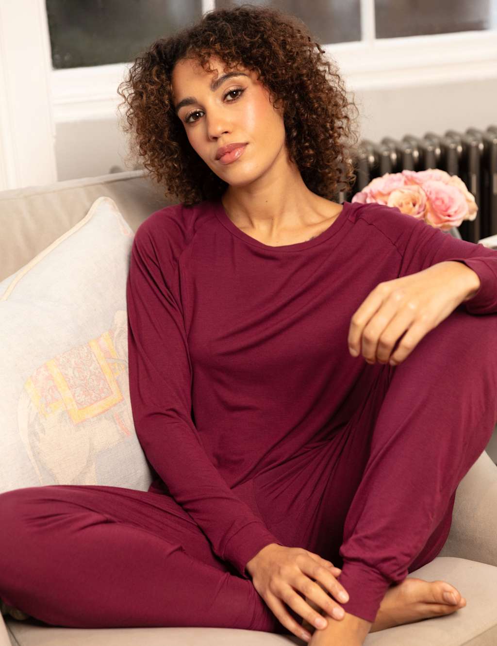 Cyberjammies Modal Rich Cuffed Hem Pyjama Top Burgundy