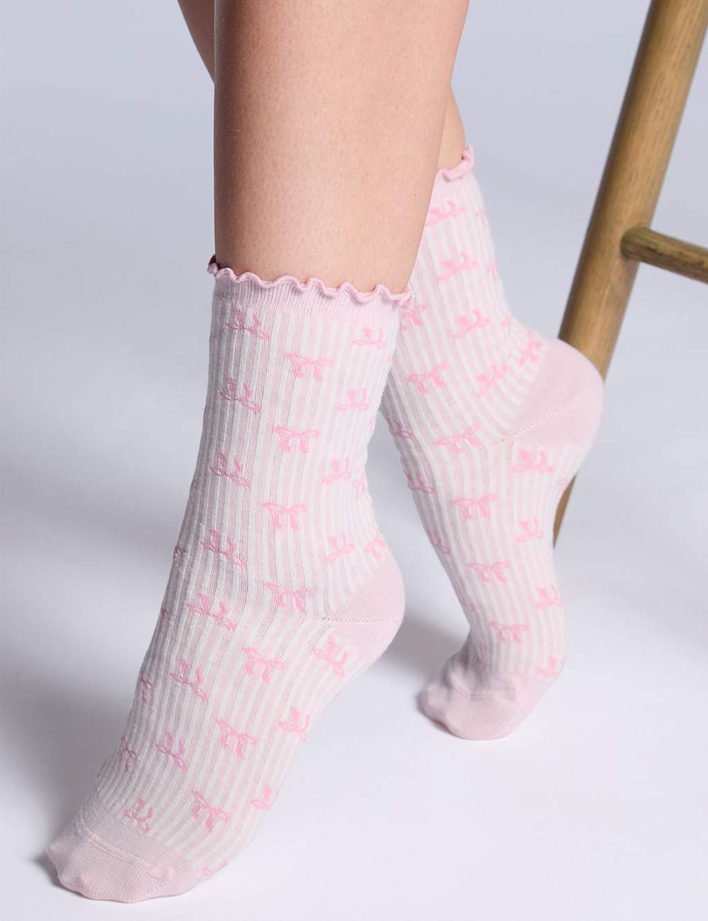 Boux Avenue Cotton Rich Striped Bow Ankle High Socks Pink Mix