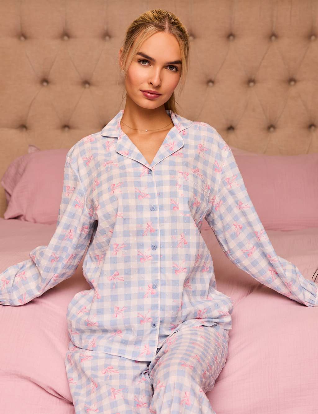 Boux Avenue Pure Cotton Gingham Bow Pyjamas Blue Mix
