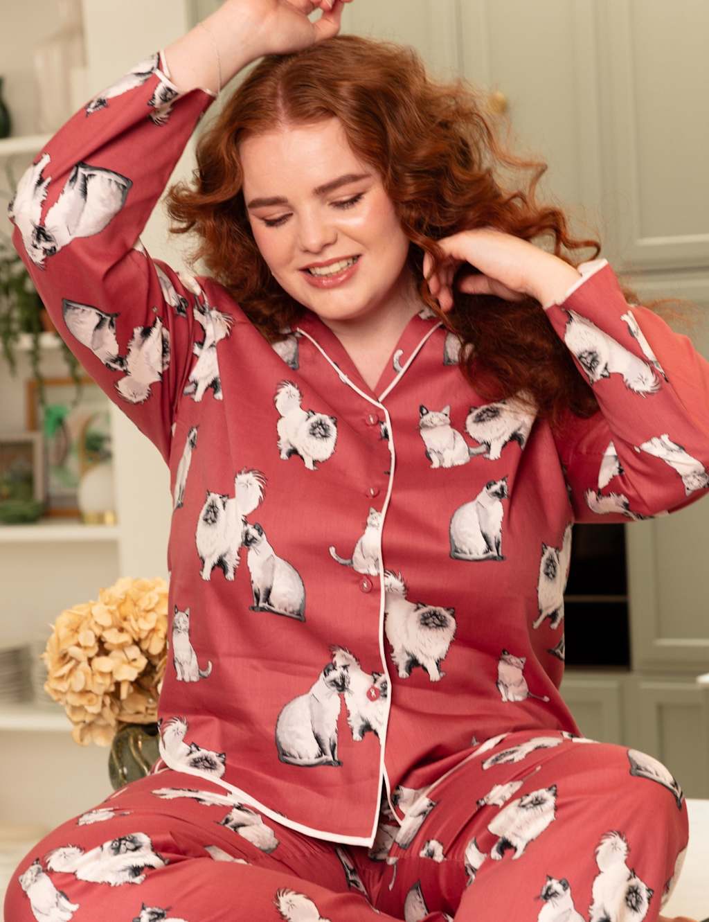Cyberjammies Women's Cotton Modal Cat Print Revere Pyjama Top - 14 - Red Mix - Available at M&S