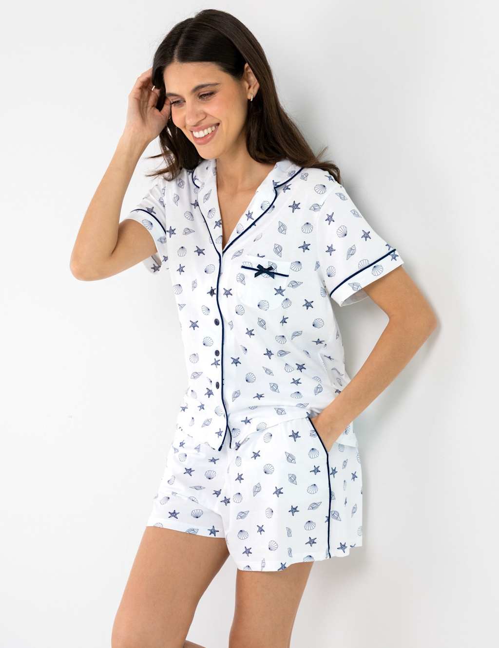 Pour Moi Women's Pure Cotton Shell Print Revere Shortie Set - 8 - White Mix - Available at M&S