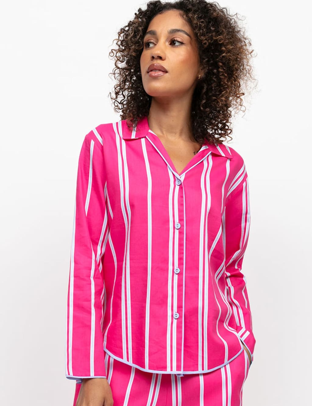 Cyberjammies Cotton Modal Striped Revere Pyjama Top Pink Mix