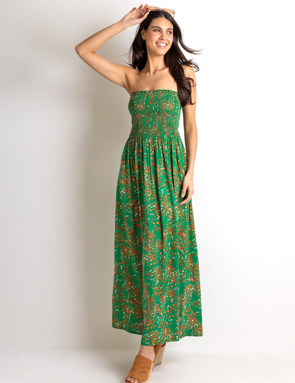 Pour Moi Women's Emma Strapless Shirred Bodice Woven Maxi Beach Dress - 12 - Green Mix - Available at M&S