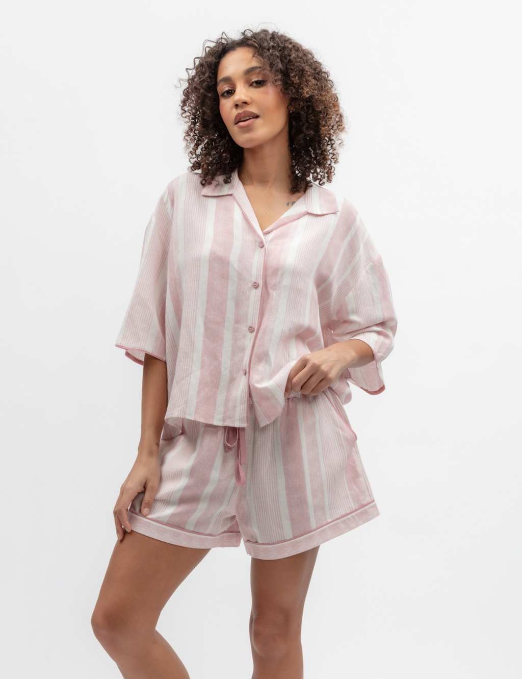 Cyberjammies Women's Linen Blend Striped Shortie Set - 16 - Pink Mix - Available at M&S
