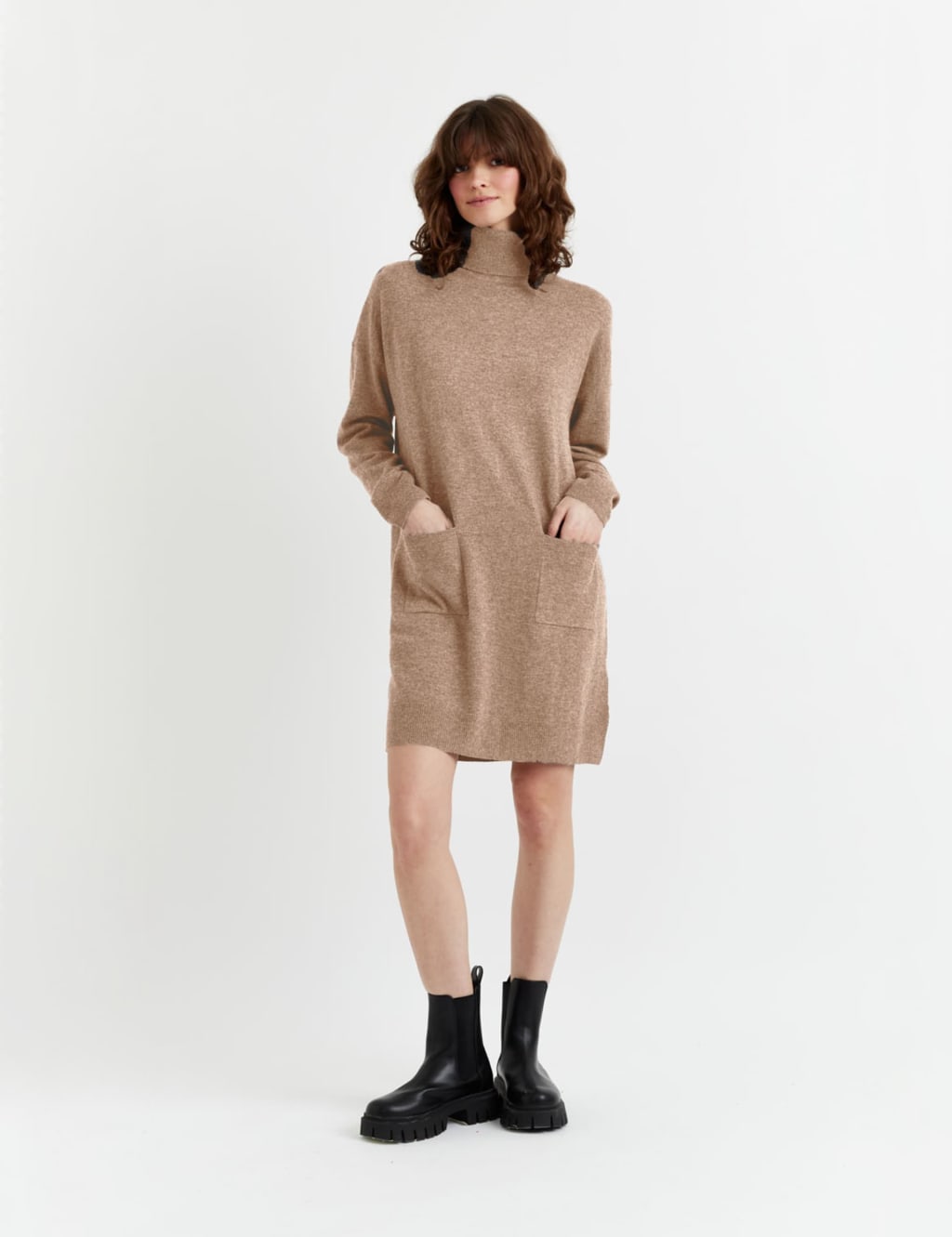 Wool Rich Knitted Roll Neck Mini Dress with Cashmere