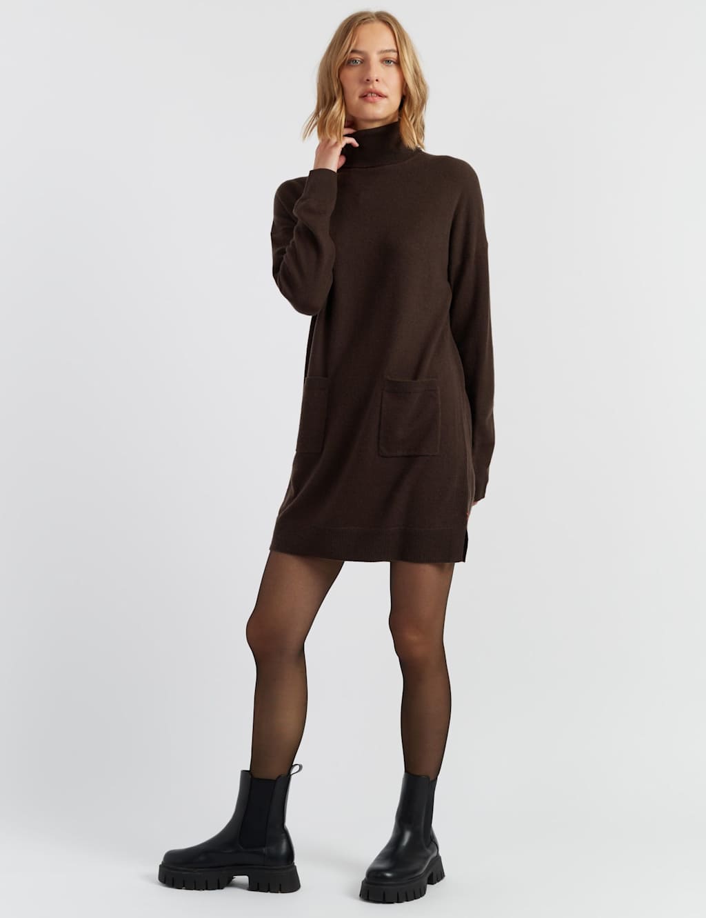 Chinti & Parker Wool Rich Knitted Roll Neck Mini Dress with Cashmere Brown