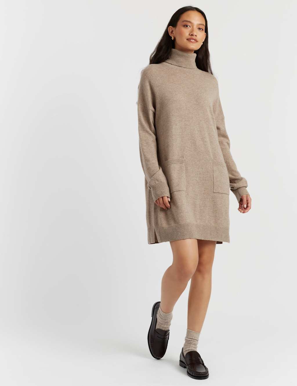 Chinti & Parker Wool Rich Knitted Roll Neck Mini Dress with Cashmere Sand