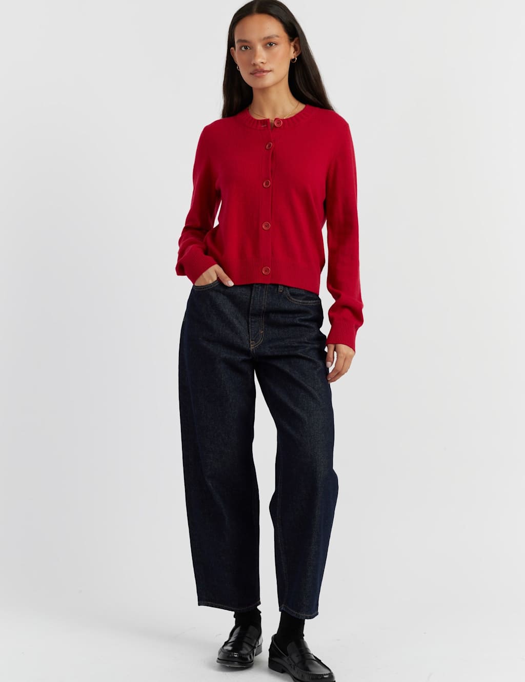 Chinti & Parker Wool Rich Crew Neck Cardigan with Cashmere Cherry Red