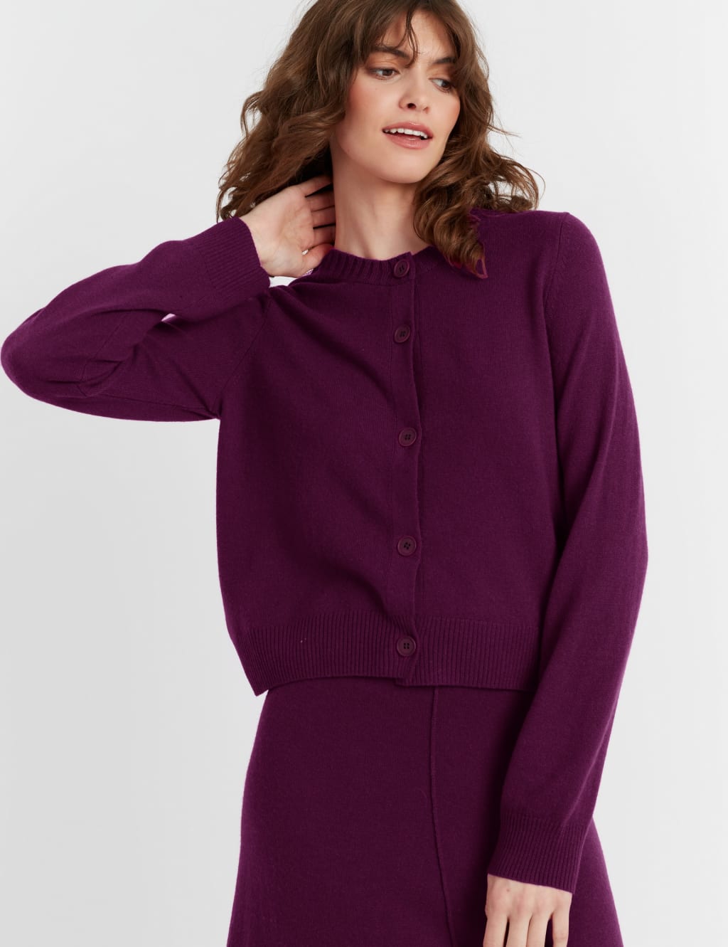 Wool Rich Crew Neck Cardigan with Cashmere