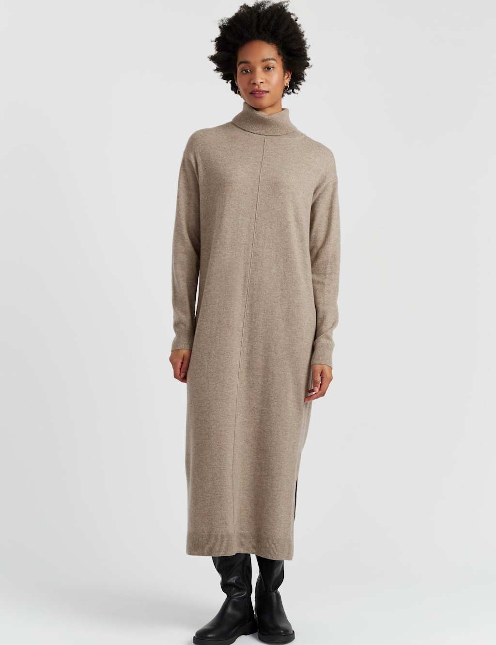 Chinti & Parker Wool Rich Roll Neck Midi Jumper Dress Oatmeal