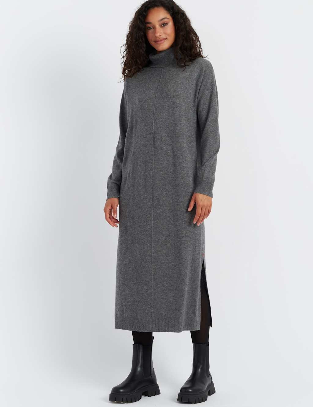 Chinti & Parker Wool Rich Roll Neck Midi Jumper Dress Grey