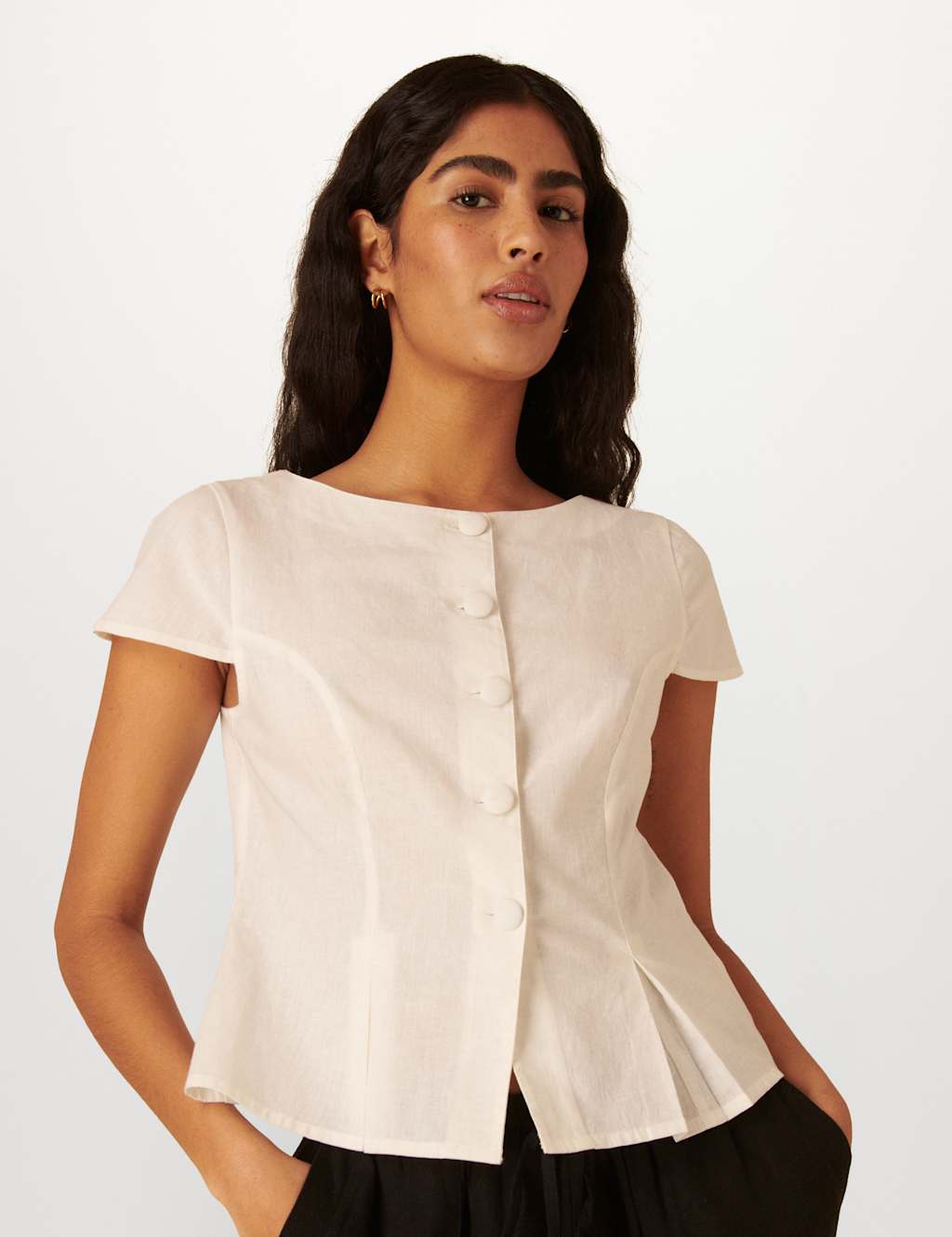 Linen Blend Pleat Detail Button Through Top