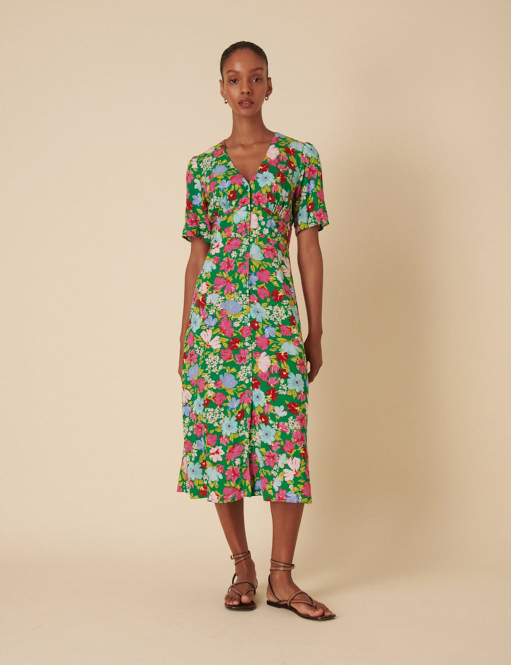 Floral V-Neck Midi Tea Dress