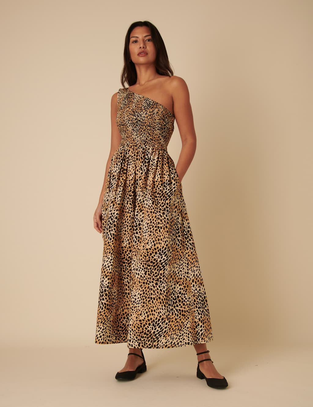 Pure Cotton Animal Print One Shoulder Midaxi Waisted Dress