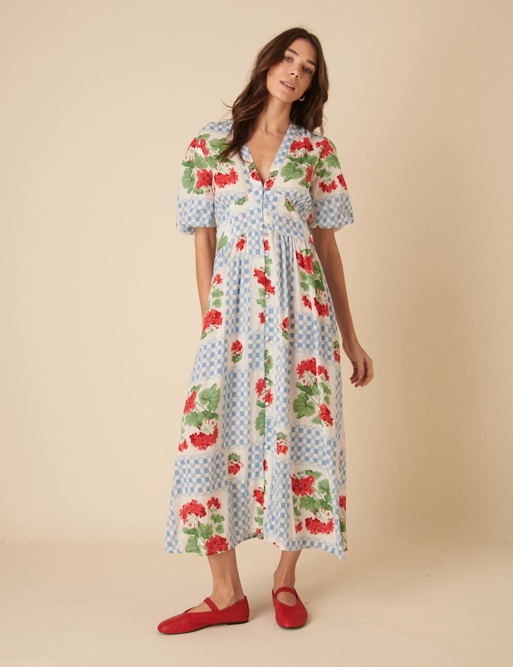 Lyocell Rich Floral V-Neck Midaxi Waisted Dress