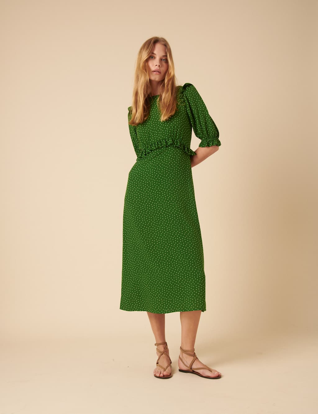 Pure Cotton Polka Dot Frill Detail Midi Tea Dress