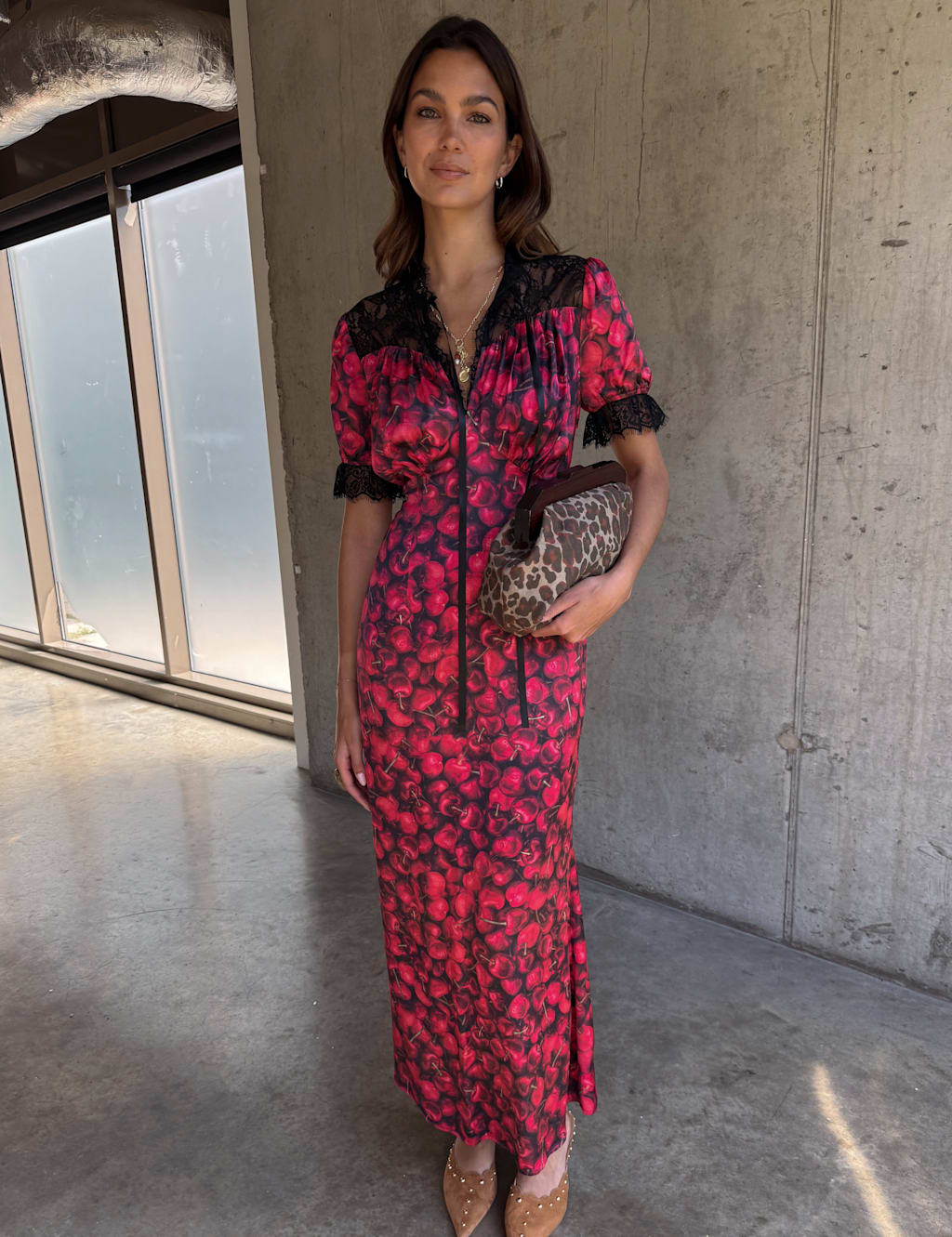 Never Fully Dressed Cherry Print V-Neck Midaxi Column Dress Red