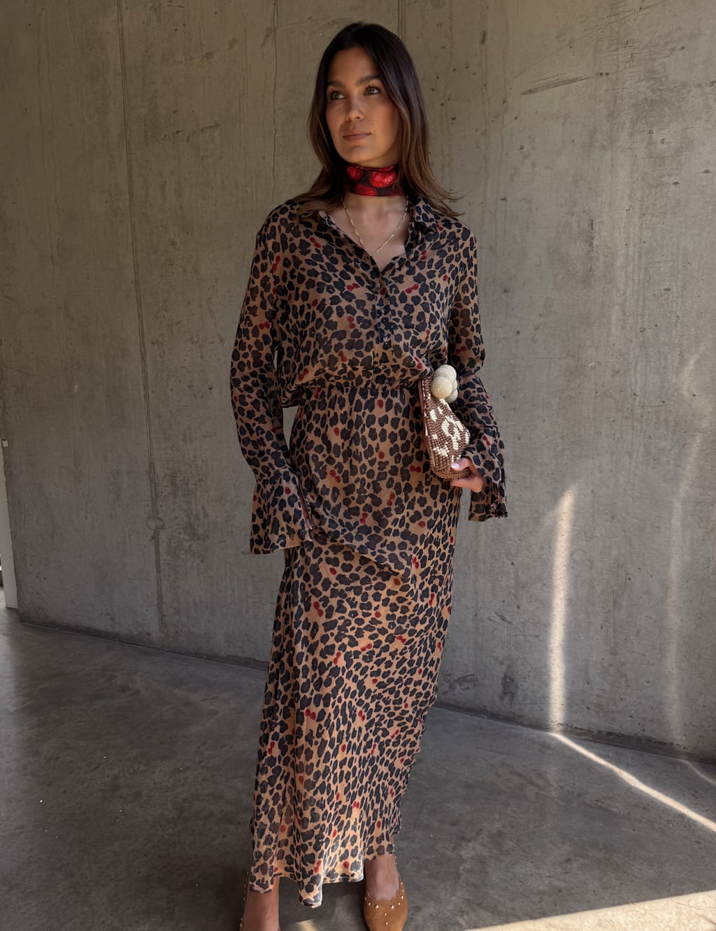 Never Fully Dressed Cherry Leopard Print Maxi Waisted Dress Brown