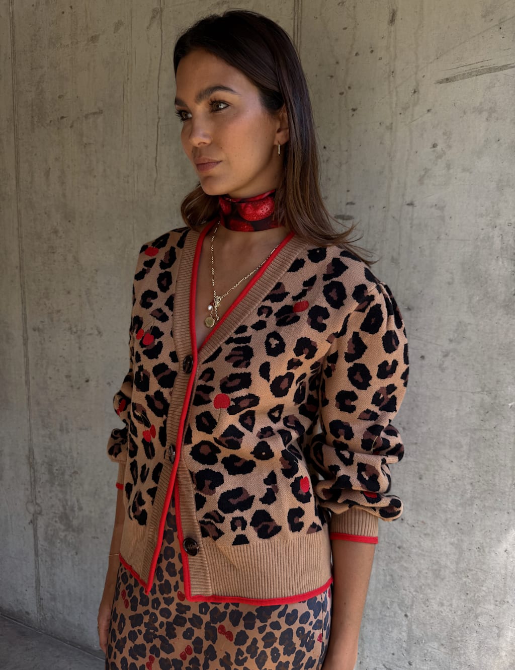 Never Fully Dressed Cherry Leopard Print V-Neck Cardigan Red Mix