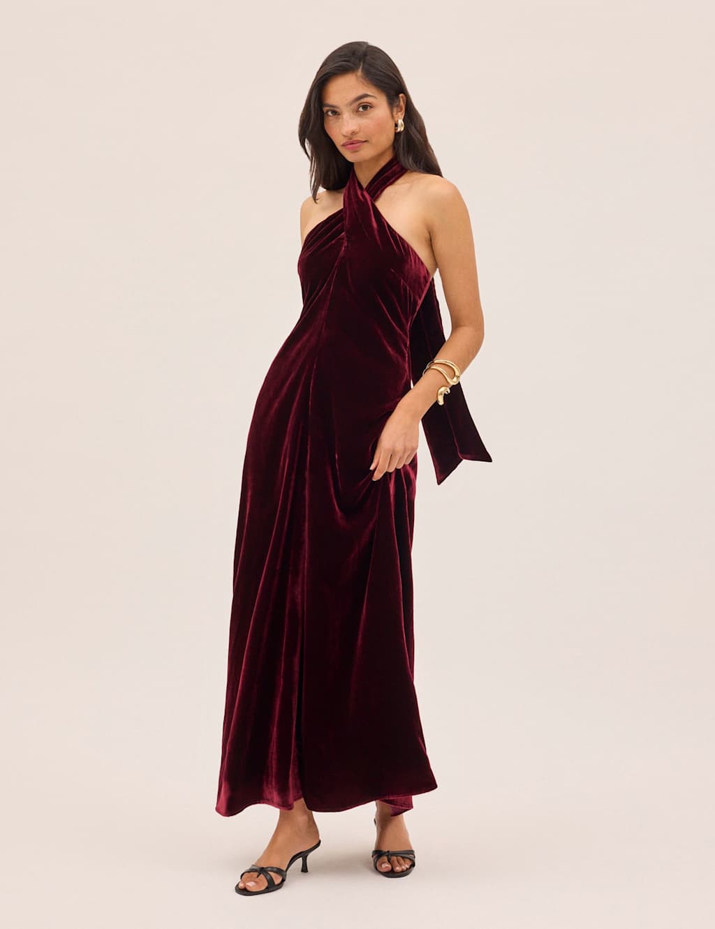 Kitri Velvet Halter Neck Maxi Waisted Dress Burgundy