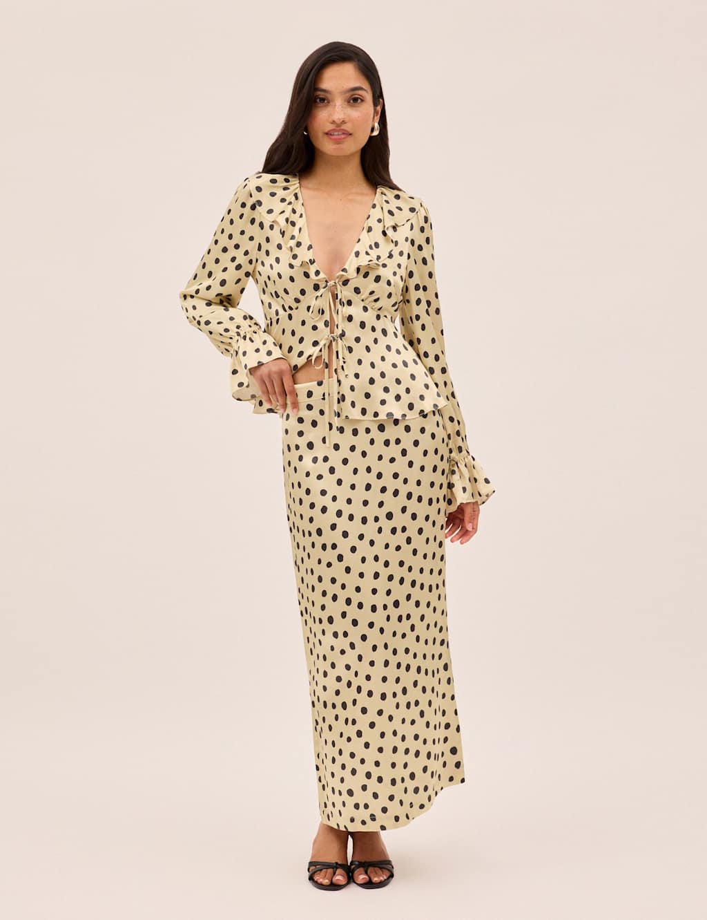 Kitri Satin Polka Dot Midi Slip Skirt Yellow