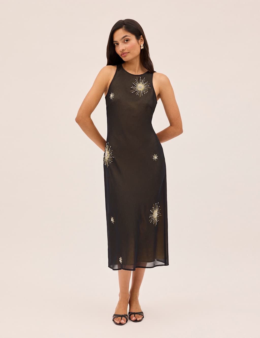 Kitri Sheer Embellished Midi Shift Dress Black