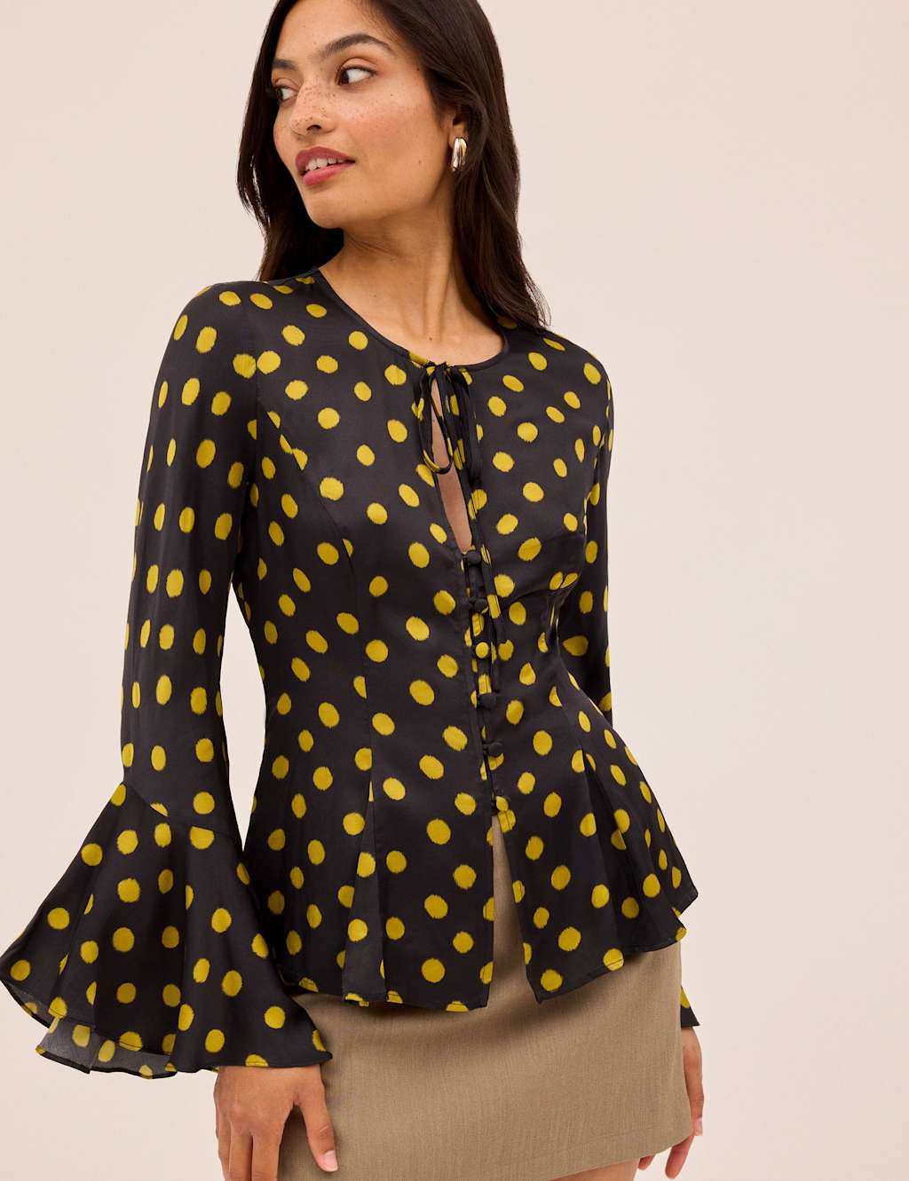 Kitri Satin Polka Dot Tie Neck Top Black