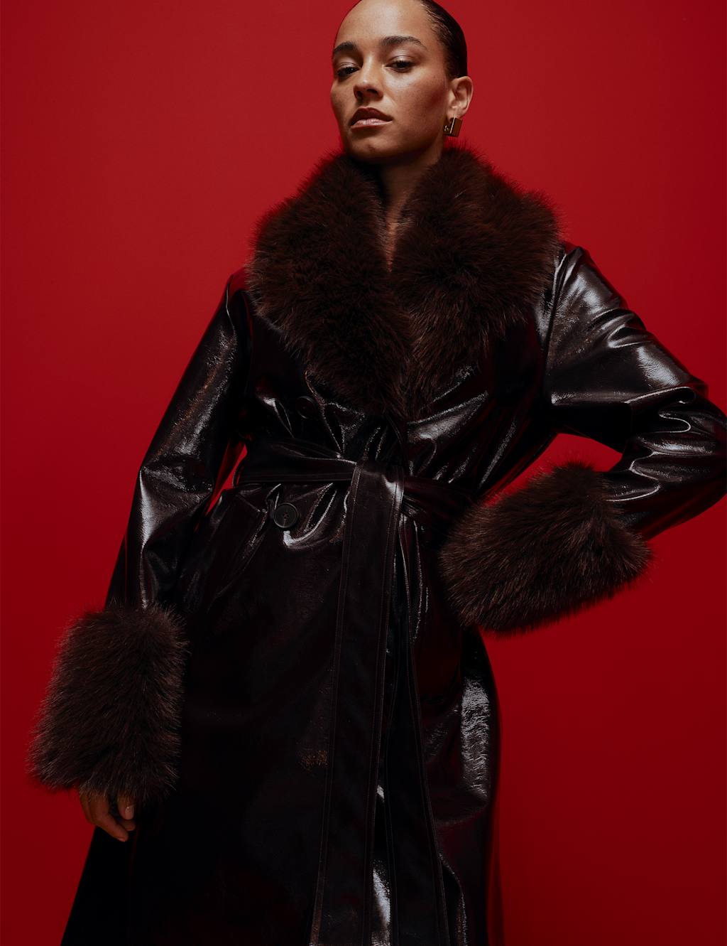 Kitri Vinyl Faux Fur Trim Longline Coat Chocolate