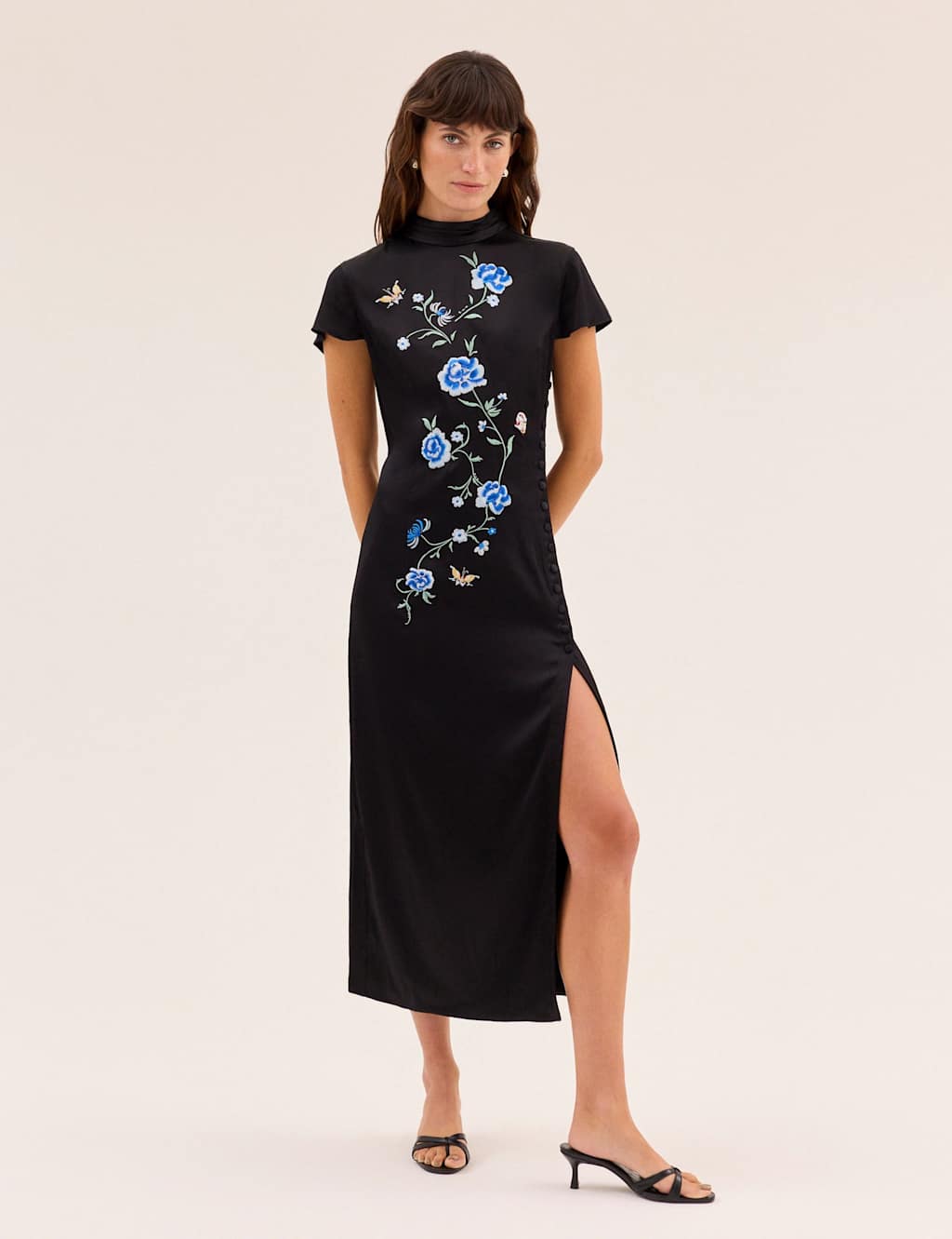 Kitri Satin Embroidered High Neck Midaxi Dress Black