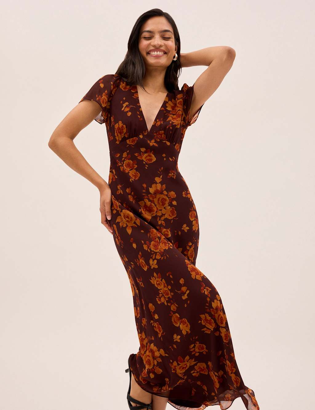 Kitri Floral V-Neck Maxi Tea Dress Brown