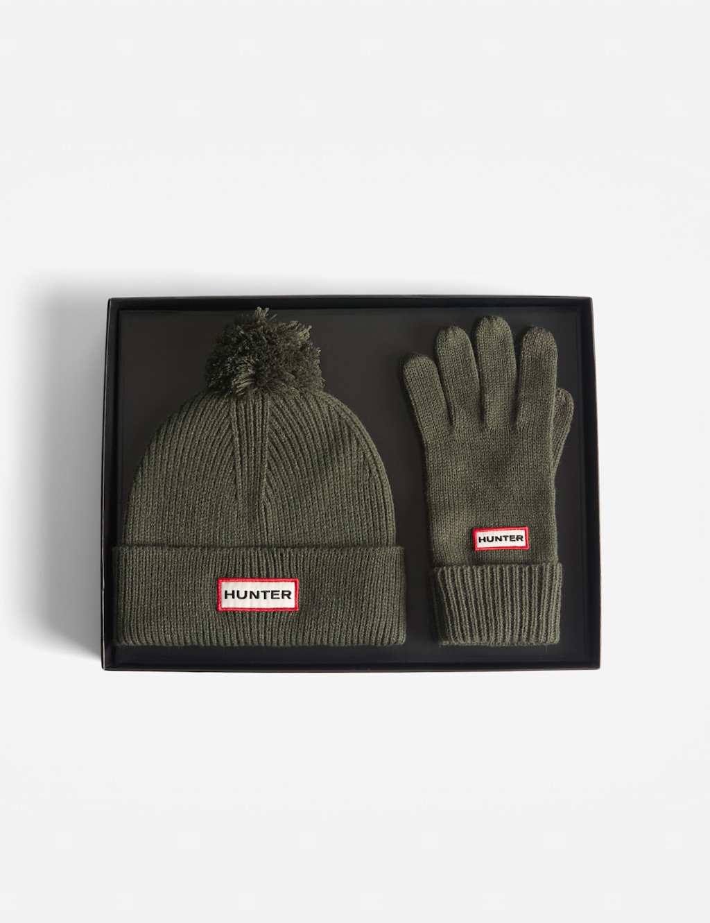 Hunter Pom Pom Beanie & Gloves Boxed Gift Set Green