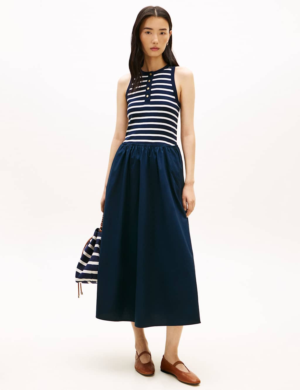 Tommy Hilfiger Women's Pure Cotton Striped Midi Skater Dress - Extra Small - Navy Mix - Available at M&S