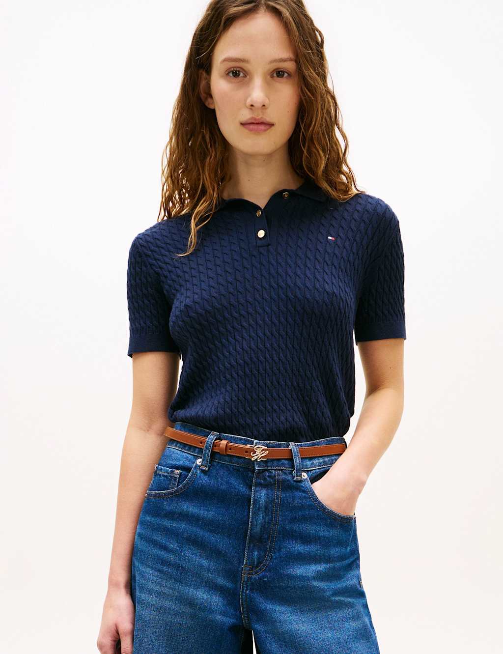 Tommy Hilfiger Women's Pure Cotton Cable Knit Polo Jumper - Large - Navy - Available at M&S