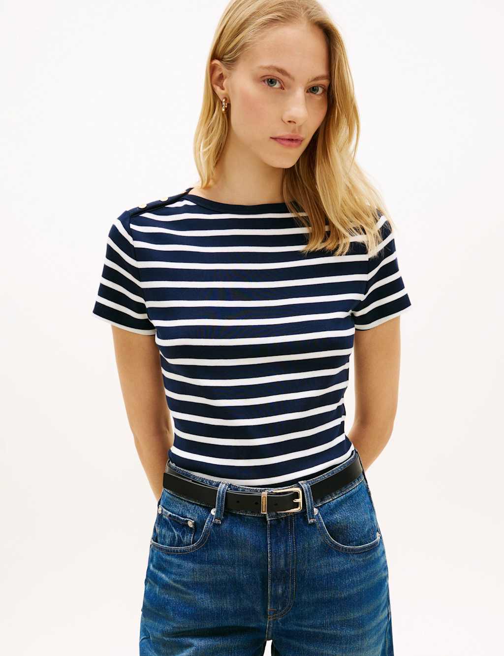 Tommy Hilfiger Women's Pure Cotton Striped Button Detail T-Shirt - Extra Small - Navy Mix - Available at M&S