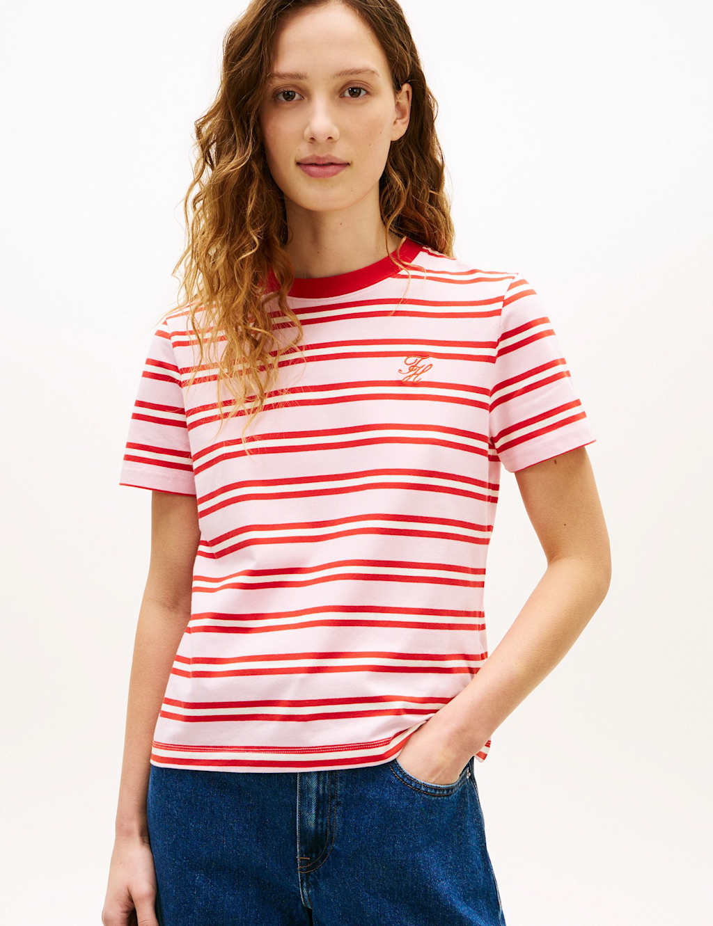 Tommy Hilfiger Women's Cotton Rich Striped Crew Neck T-Shirt - Large - Red Mix - Available at M&S