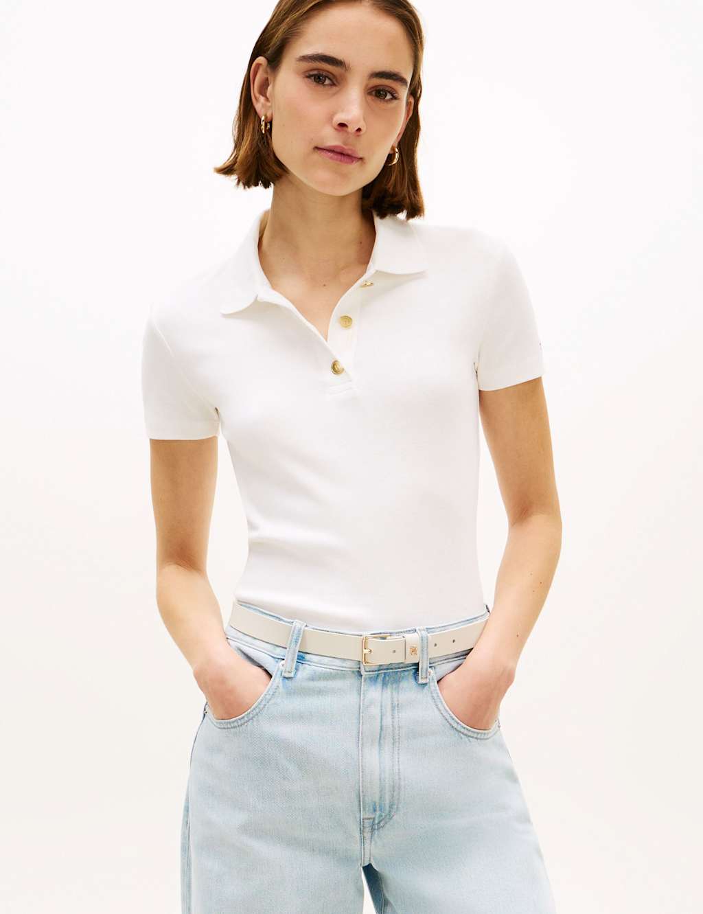 Tommy Hilfiger Women's Pure Cotton Button Detail Polo Shirt - Medium - White - Available at M&S