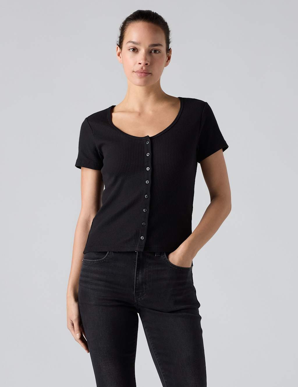 Levi's Women's Cotton Rich Ribbed Button Through Top - Large - Black - Available at M&S