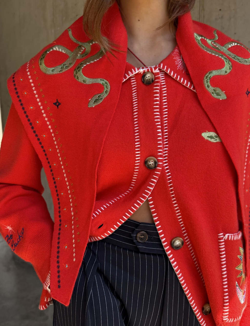 Never Fully Dressed Knitted Mystical Embroidery Triangle Bandana Red Mix