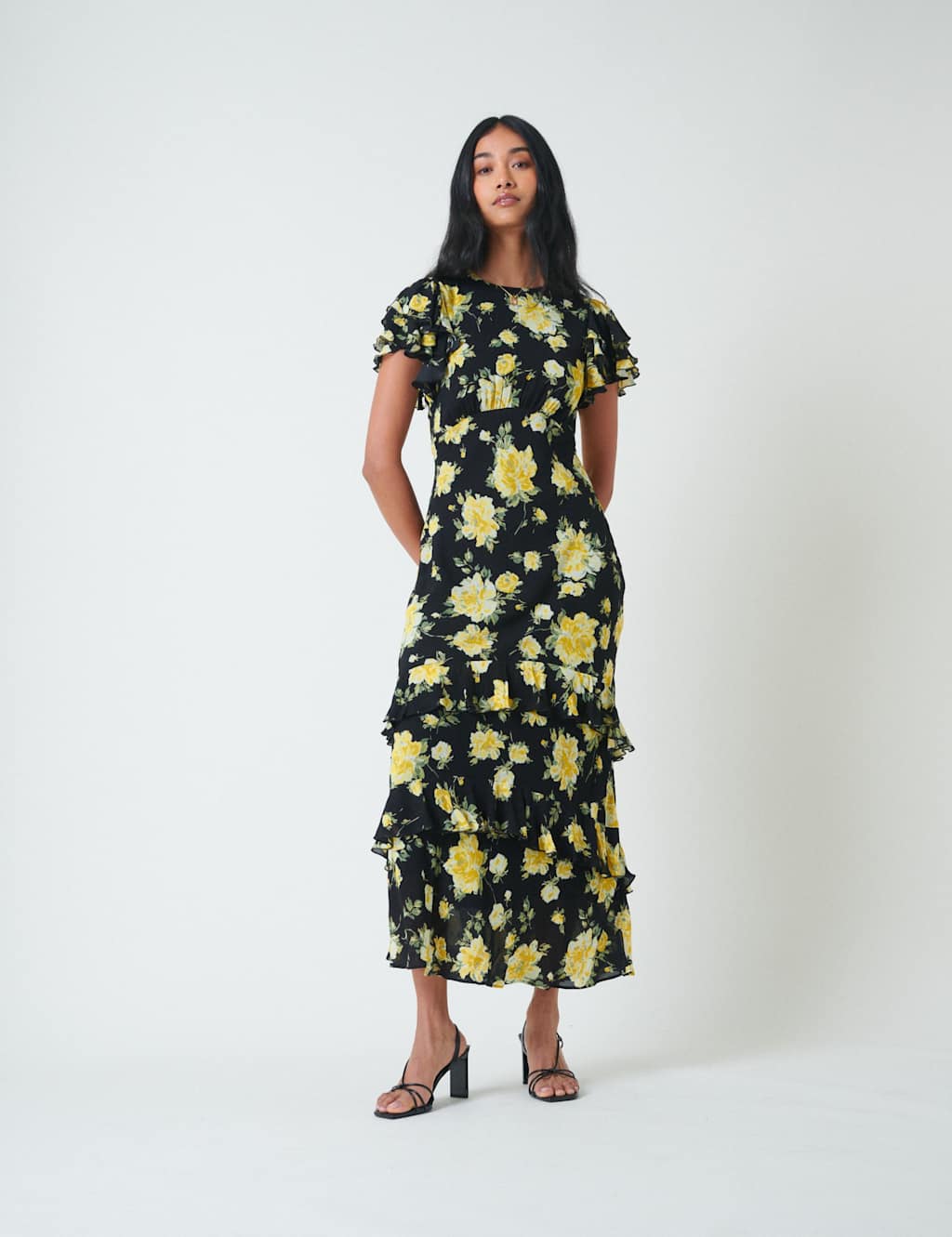 Nobody's Child Floral Midaxi Tea Dress Black