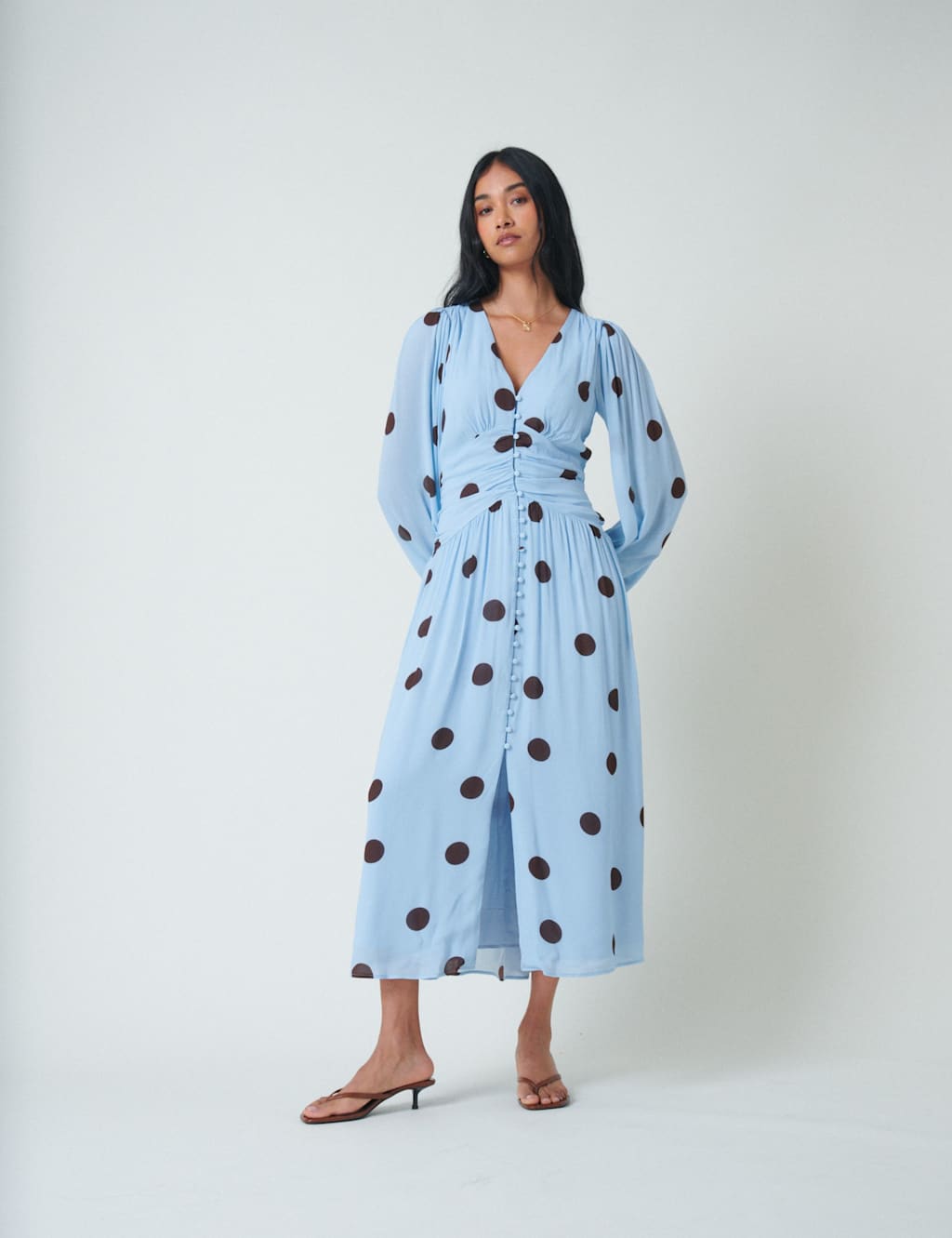 Nobody's Child Polka Dot V-Neck Midaxi Tea ress Blue
