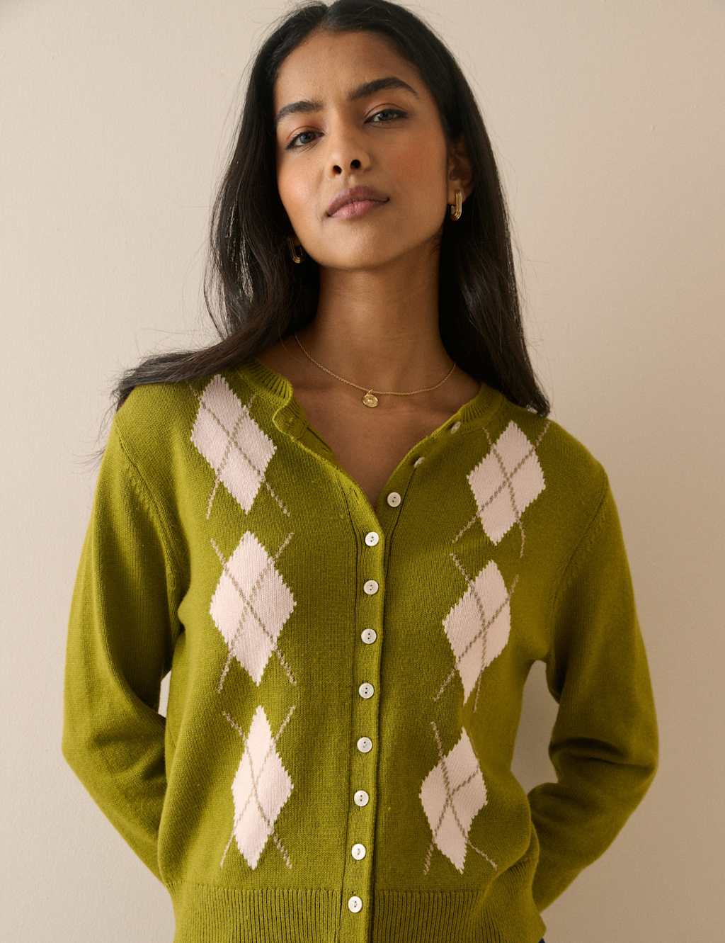 Nobody's Child Women's Cotton With Wool Argyle Crew Neck Cardigan - Extra Large - Green - Available at M&S