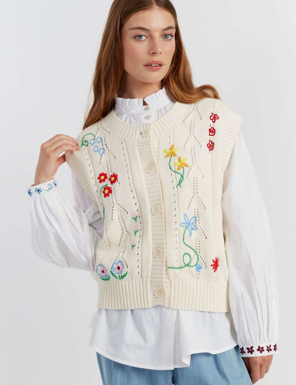 Chinti & Parker Women's Floral Embroidered Button Through Vest Top - Small - Cream - Available at M&S