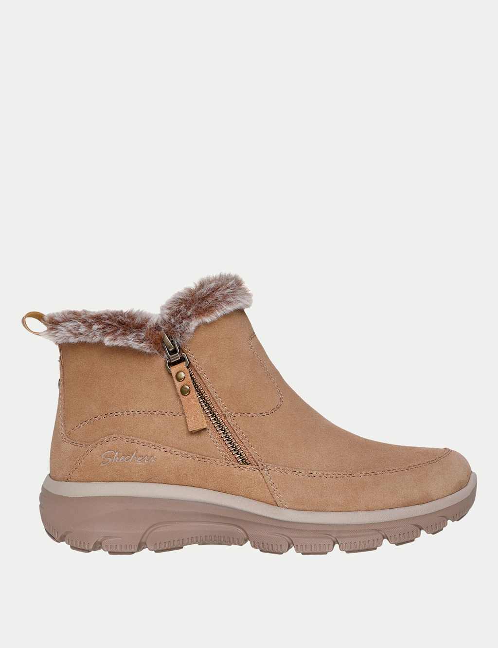 Skechers Suede Faux Fur Trim Flat Ankle Boots Tan