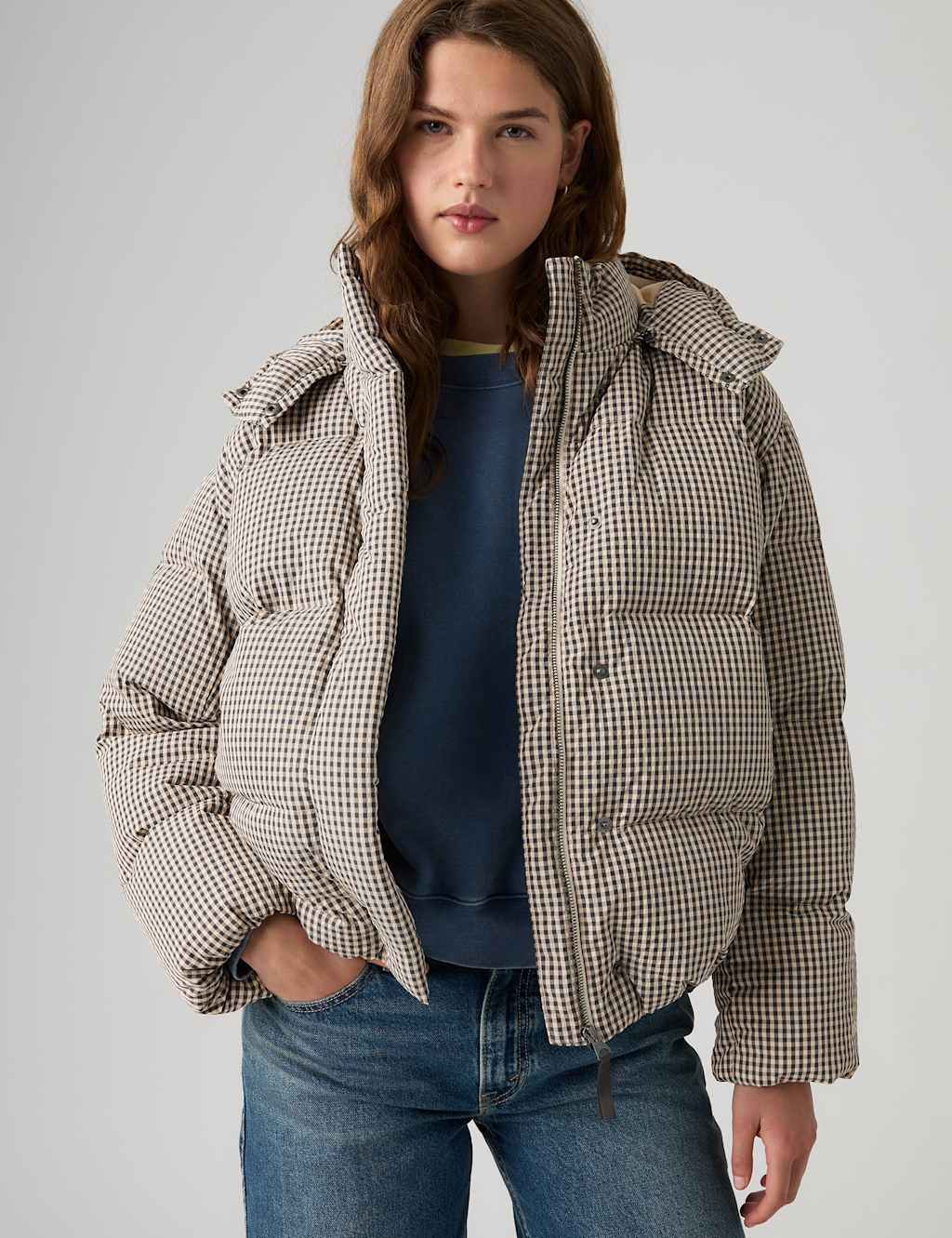 Levi's Women's Checked Hooded Puffer Coat - Medium - Brown - Available at M&S